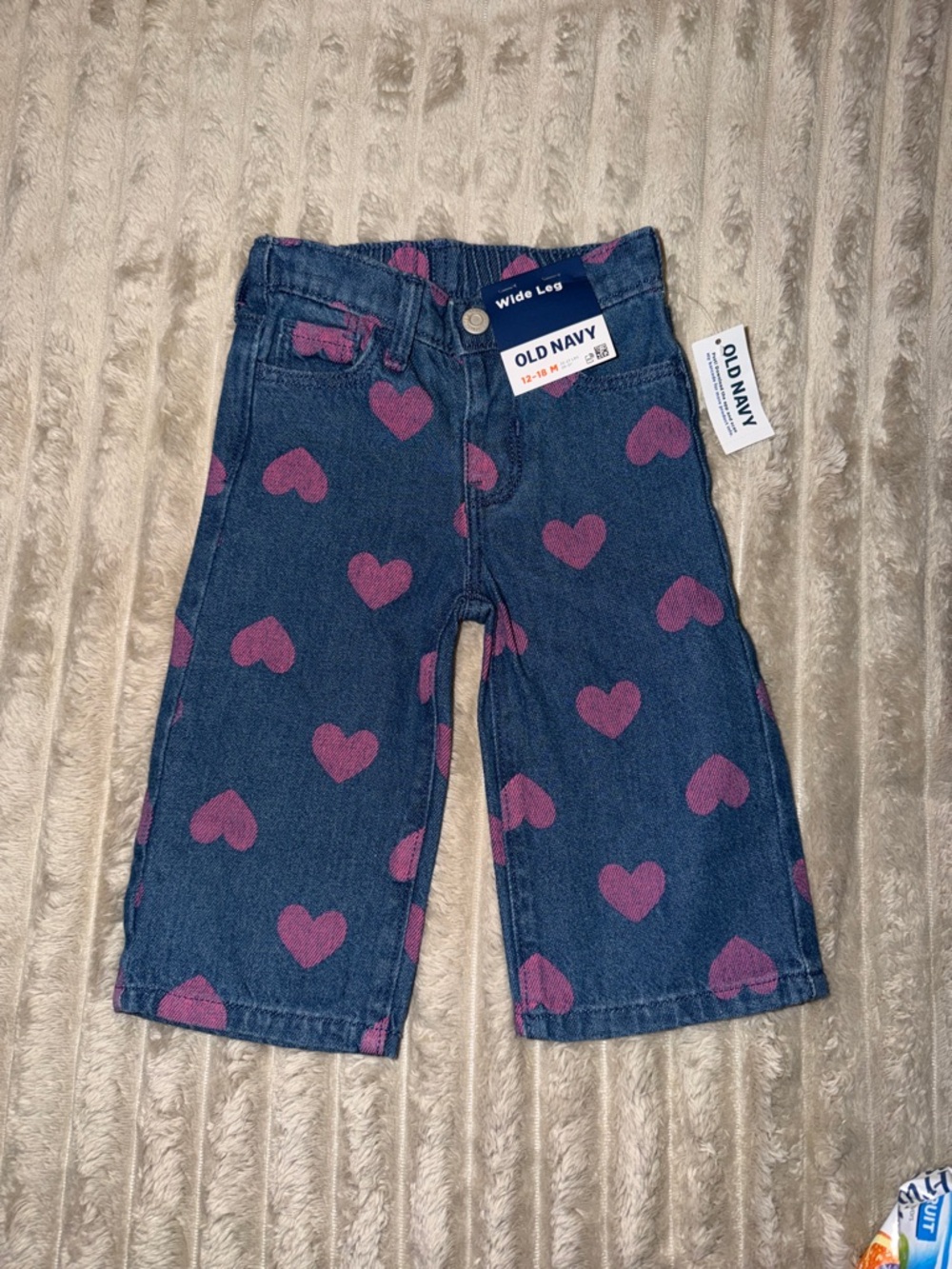 Old Navy Blue Denim Wide-Leg Jeans with Pink Heart Pattern
